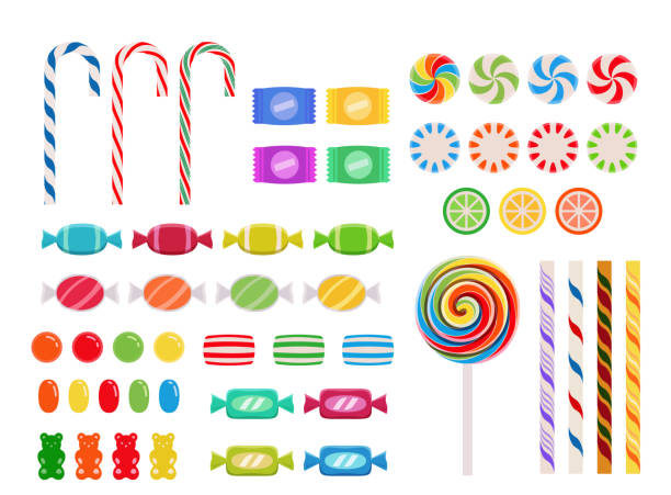 illustrazioni stock, clip art, cartoni animati e icone di tendenza di collezione candy in stile flat design su sfondo bianco - hard candy