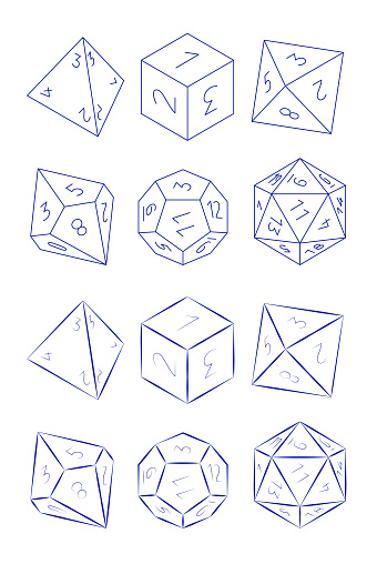 D4, D6, D8, D10, D12, and D20 Dice for Boardgames in Thin Line Style