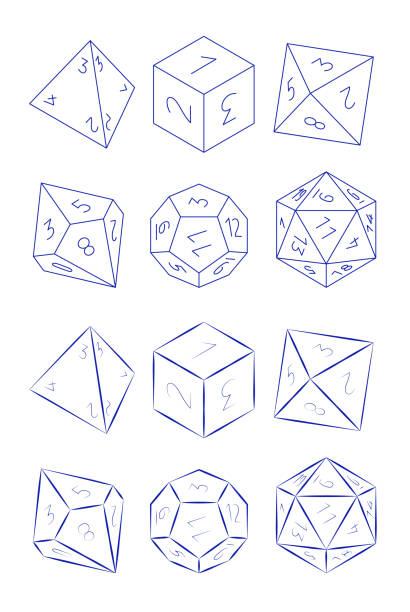 D4, D6, D8, D10, D12, and D20 Dice for Boardgames in Thin Line Style D4, D6, D8, D10, D12, and D20 Dice for Boardgames in Thin Line Style polyhedron stock illustrations