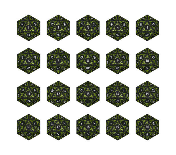 D20 Dice for Boardgames, Numbered Faces From Top View D20 Dice for Boardgames, Numbered Faces From Top View polyhedron stock illustrations