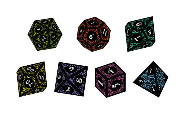 isometrische würfel d4, d6, d8, d10, d12 und d20 für brettspiele - hexahedron stock-grafiken, -clipart, -cartoons und -symbole