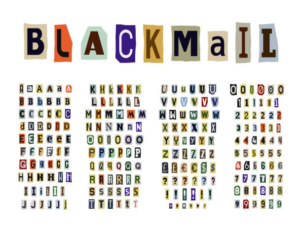 pemerasan atau ransom anonymous note font. huruf latin dan angka - teks ilustrasi stok
