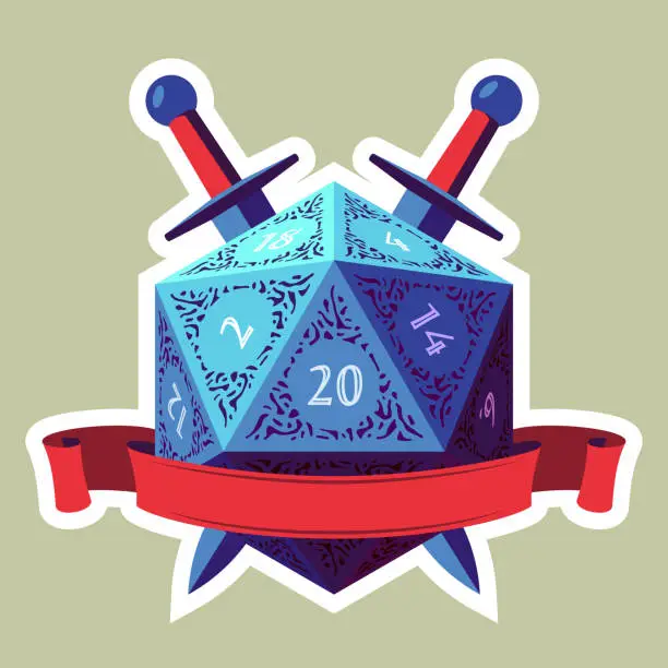 Vector illustration of Blue D20 Die With Red Ribbon and Swords. Flat Style