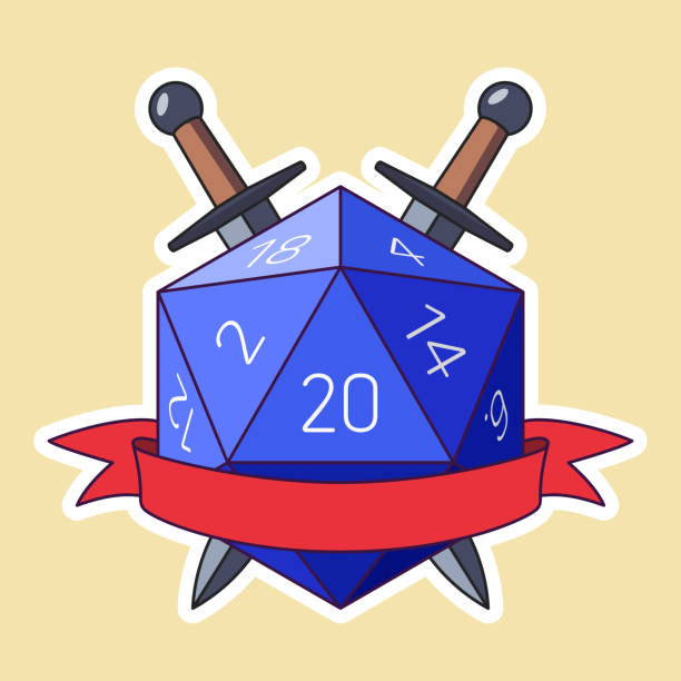 Blue D20 Die With Red Ribbon and Swords. Colored Outline Style Blue D20 Die With Red Ribbon and Swords. Colored Outline Style polyhedron stock illustrations