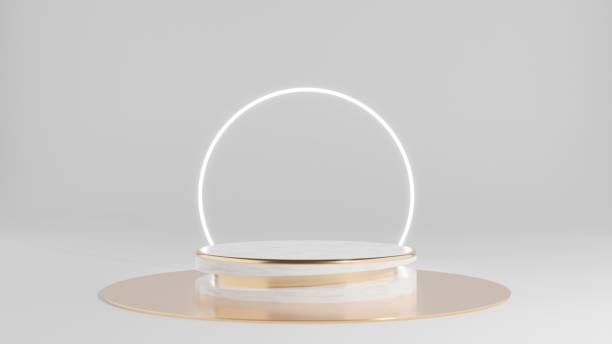 istock 3d geometric shape form rendering in minimal scene podium showcase, shop front, display mockup case and stage for cosmetic premium product presentation placement with empty blank space. 1338898878