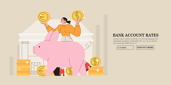 Banking operations, payment , currency exchange, check account, manage deposit or cash money concept for web or ui design. Woman or female character with piggy bank desiding which currency to choose.