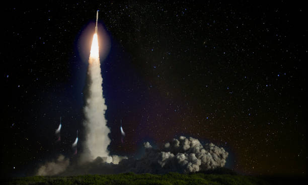 istock Missile launch at night. Elements of this image furnished by NASA. 1338901498