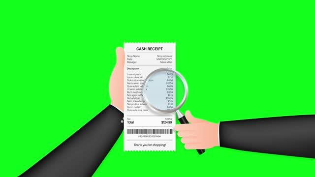 Receipt icon with magnifying glass. Studying paying bill. Payment of goods,service, utility, bank, restaurant. Motion graphics