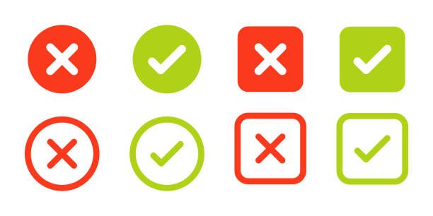 ilustrações de stock, clip art, desenhos animados e ícones de green tick red cross vector icons. tick and cross marks. accepted, rejected, approved, disapproved, right, wrong, correct, false symbols. checkbox and cross, thin line icons. check and wrong marks - certo