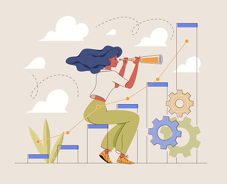 Vector illustration of business development. Analytics, strategic planning, long-term forecasting. Commercial success. Woman looks through spyglass distance at  ascending line of graph behind cloud.