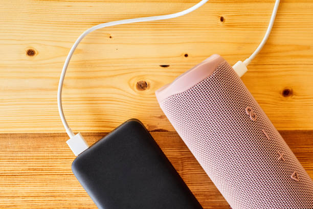 istock Powerbank charges portable speaker using usb. Close-up, selective focus 1338905735