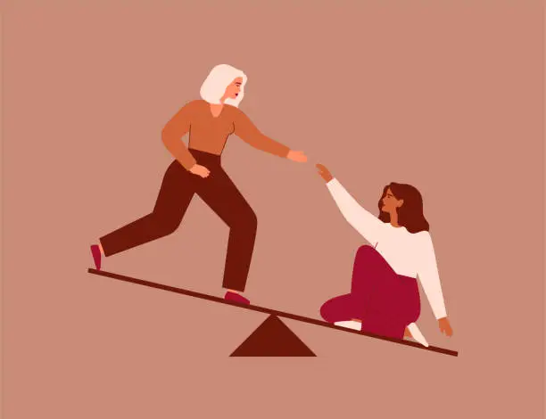 Vector illustration of Woman extends a helping hand to her friend to achieve balance. Female leader helps newcomer to climb career. Work relations between colleagues. Psychological support between women