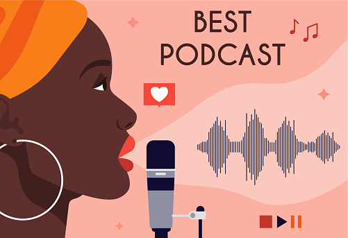 African american woman recording podcast. Audio for listening online, useful information, audiobook. Distance learning, mic, waves cartoon flat vector illustration isolated on pink background