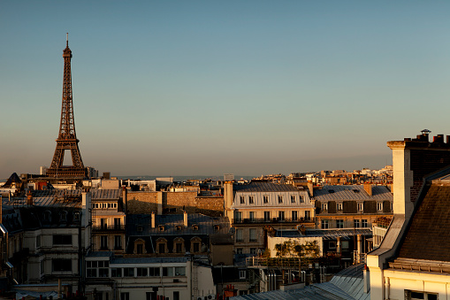 Sunrise light on the rooftops with view of the Eiffel Tower.