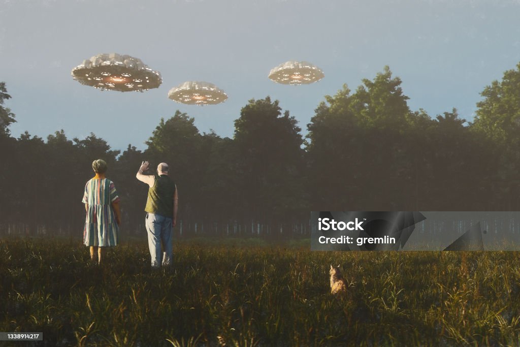 Senior couple waving at flying UFOs Senior couple waving at flying UFOs, 3D generated image. Alien Stock Photo