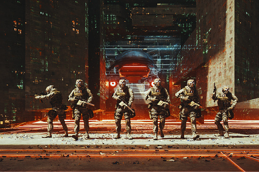 Futuristic soldiers in the city, 3D generated image.