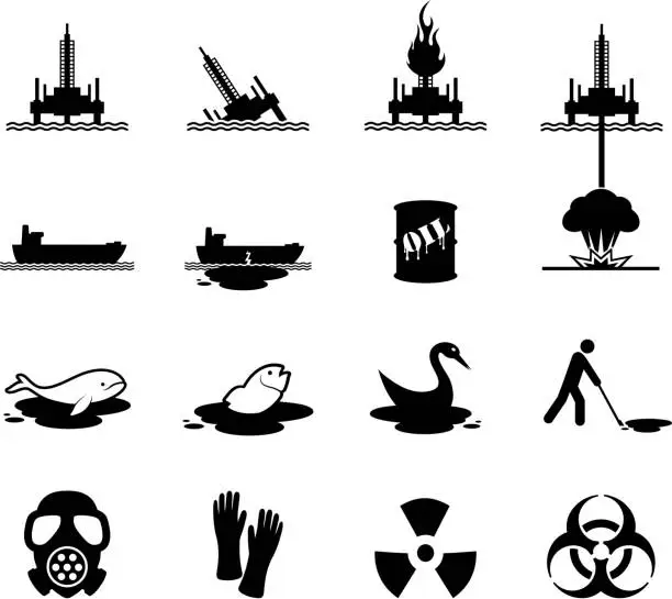 Vector illustration of Oil spill disaster black and white vector icon set