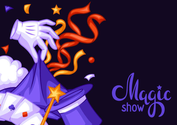 istock Magician background with magic items. Illusionist show or performance banner. Cartoon style illustration of tricks. 1338914562