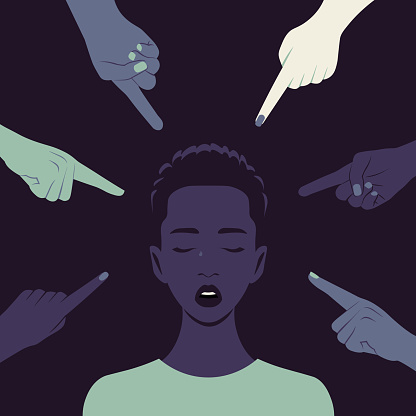 Bullying. Hands of different people point to the young African woman. The shame. Portrait of crying student. Bullying. Opinions and the pressure of society. Vector flat illustration