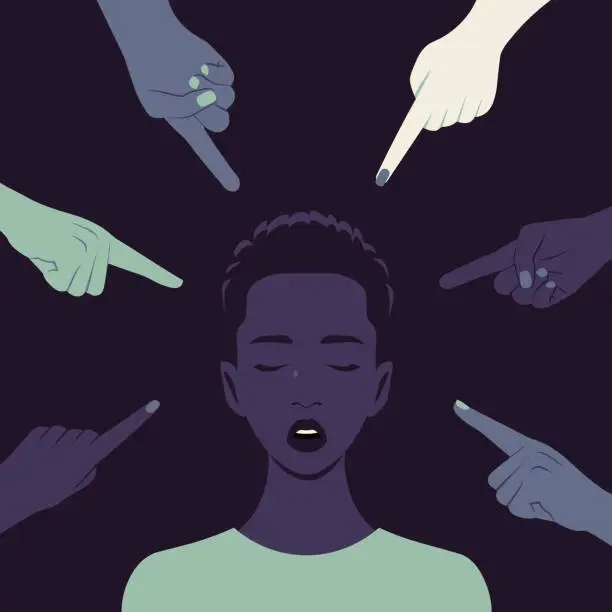 Vector illustration of Bullying. Hands of different people point to the young African woman.