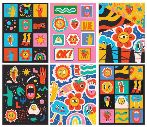 Big Set of Different colored Vector illustartion posters in Cartoon Flat design. Hand drawn Abstract shapes, funny Comic characters. Big Set of Different colored Vector illustration posters in Cartoon Flat design. Hand drawn Abstract shapes, funny cute Comic characters. cartoon of a shapes stock illustrations