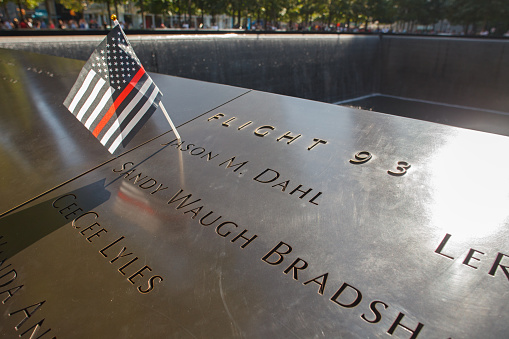 New York, New York / U.S.A. - September 28 2019: An image of names of the victims of United Flight 93 on the 9/11 World Trade Center memorial.