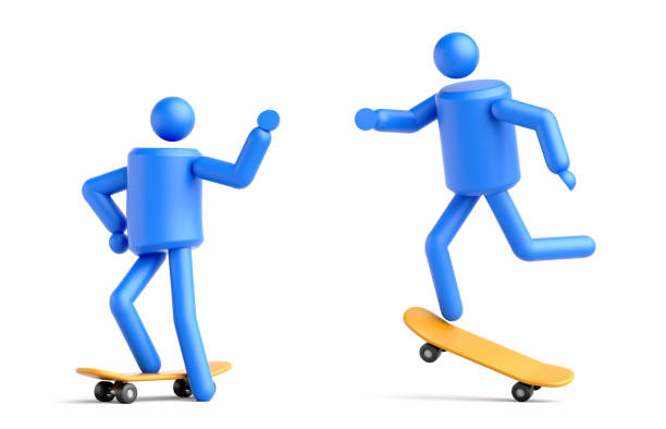 istock 3d render, simple human shape, abstract person symbol riding yellow skateboard. Geometric blue man icon, clip art isolated on white background 1338919725
