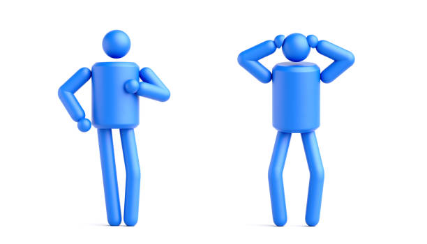 3d render, abstract geometric human character posing, simple clip art isolated on white background. Man symbol demonstrates actions: walking and panic