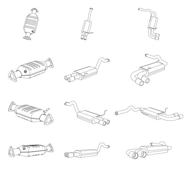 Vector perspective illustration of car exhaust pipe and catalytic converter Vector perspective contour illustration of car exhaust pipe and catalytic converter system - line art plug adapter stock illustrations