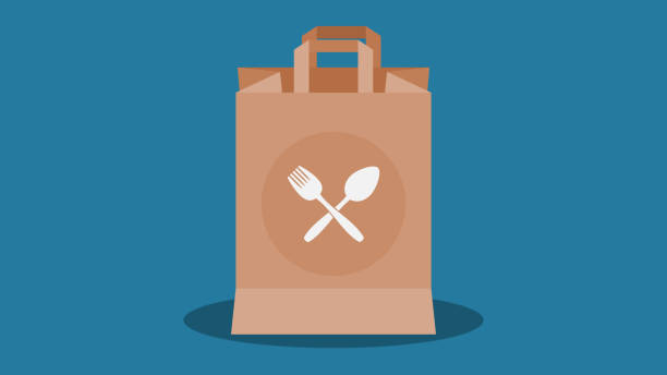 Takeout food, takeway food in brown paper bag. Takeout food, takeway food in brown paper bag. Spoon and fork figures on paper bag. Fast food delivery concept. Blue background. paper bag stock illustrations