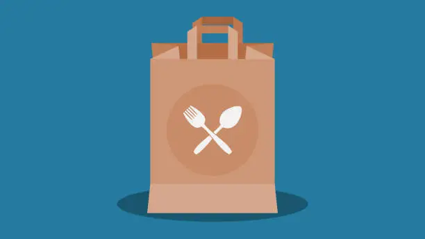 Vector illustration of Takeout food, takeway food in brown paper bag.