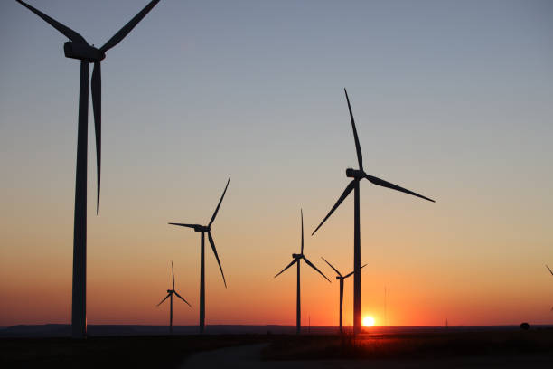 istock Wind turbines and field at sunrise Eco environment 1338923688