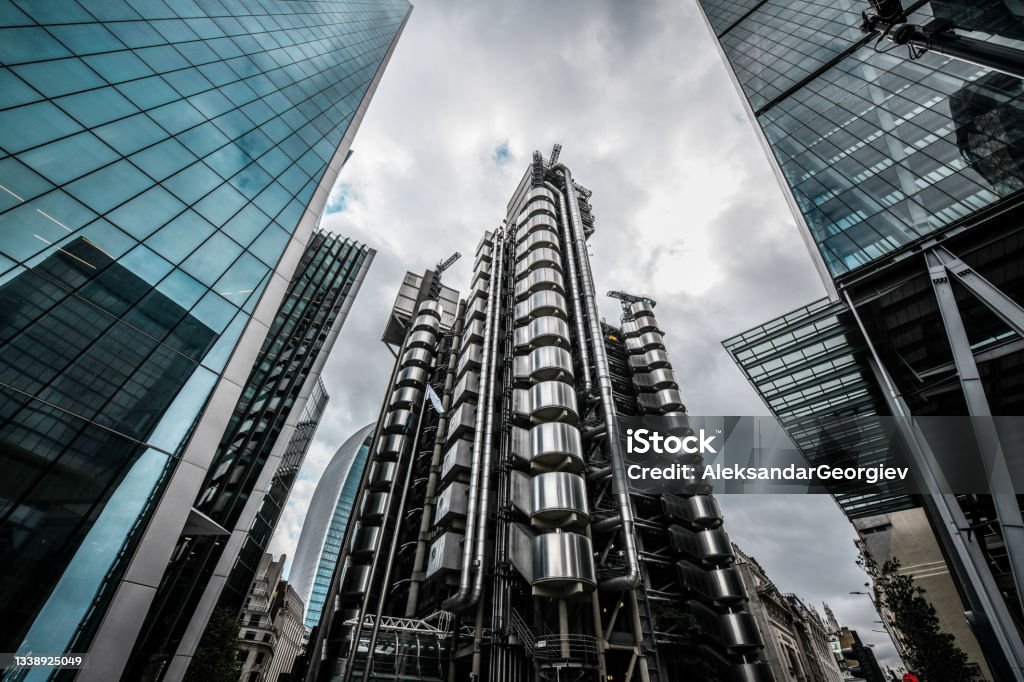 Low Angle View Of Lloyd's Building In London, UK Lloyds of London Stock Photo