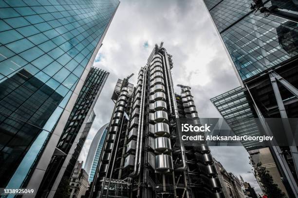 Low Angle View Of Lloyds Building In London Uk Stock Photo - Download Image Now - Lloyds of London, Sidewalk, Low Angle View