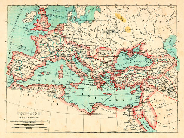 Roman Empire at its height under emperor Trajan 117 AD Map of ancient rome
The Roman Empire at its height
Emperor Trajan (ruled 98 – 117 AD) was Rome’s most expansionist ruler, his death marking the high water mark of Rome’s size.
Original edition from my own archives
Source : Brockhaus 1898 ancient history stock illustrations