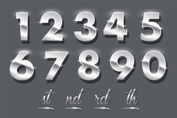 Silver number metal set, 3d shiny chrome or stainless steel numbers with glossy effect Silver number metal set vector illustration. 3d shiny chrome, platinum or stainless steel numbers with glossy glitter effect, metallic logo design element collection isolated on grey background silver chrome number 8 stock illustrations