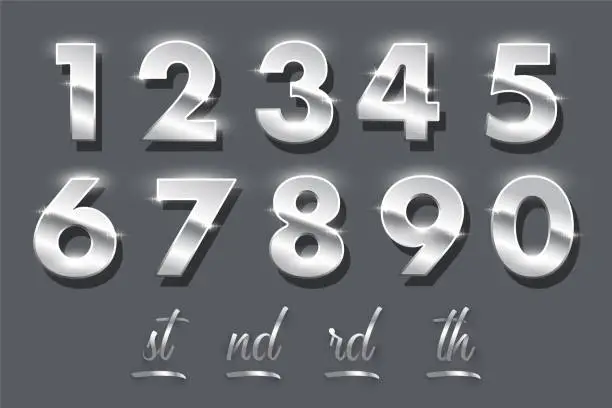 Vector illustration of Silver number metal set, 3d shiny chrome or stainless steel numbers with glossy effect