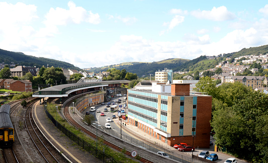Pontypridd, Wales - August 2018: Scenic view looking over the town and its railway station