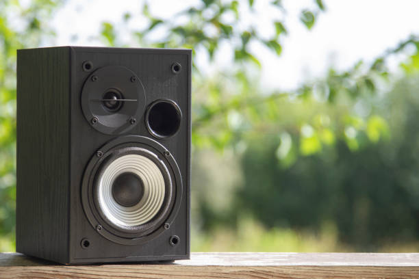 Acoustic sound speakers on nature background. Multimedia, audio and sound concept. Copy space. The musical equipment. Close-up. stock photo