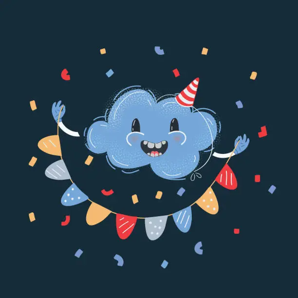 Vector illustration of Vector illustration of cloud caracter smiling and celebrate with buntings on dark backround.