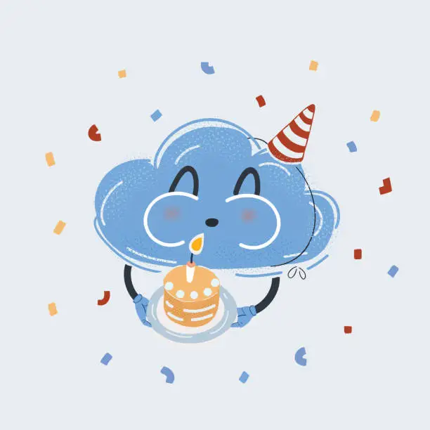 Vector illustration of Vector illustration of Cloud caracter celebrate with Birthday pie on white backround.