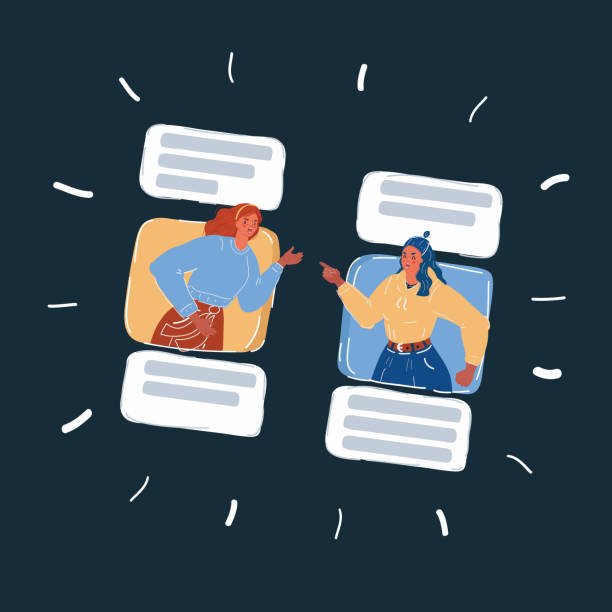 istock Vector illustration of two woman trying argue with hater. Negative feedback dislike. Bad comments in messengers on dark backround. 1338931346