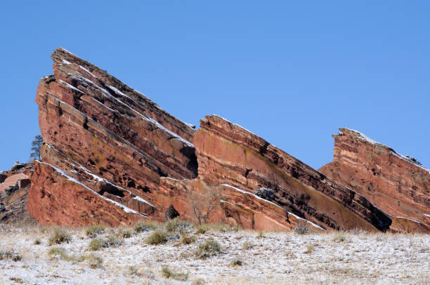 Red Rocks Park sandstone geological formations Red Rocks Park sandstone geological formations with snow on a sunny day morrison stock pictures, royalty-free photos & images