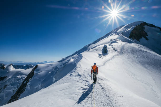 Before Mont Blanc (Monte Bianco) summit 4808m last ascending. Team roping up Man with climbing axe dressed high altitude mountaineering clothes with backpack walking by snowy slopes with blue sky. stock photo