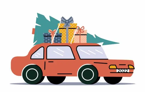 Vector illustration of Retro car with Christmas tree and baggage, holiday gifts.