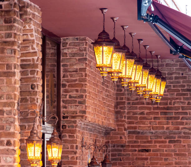 Brick wall with lights.Outdoor building decorative lighting