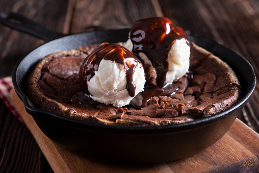 Homemade Soft Skillet Brownies with Vanilla Ice Cream and Chocolate Syrup