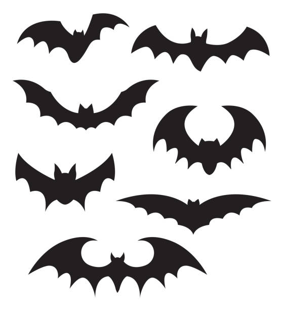 ilustrações, clipart, desenhos animados e ícones de sete silhuetas de morcego - bat cartoon halloween wing