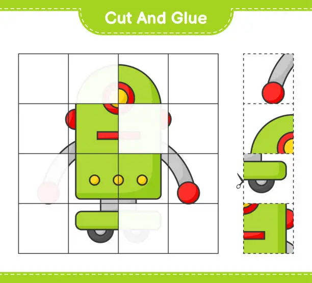 Vector illustration of Cut and glue, cut parts of Robot Character and glue them. Educational children game, printable worksheet, vector illustration