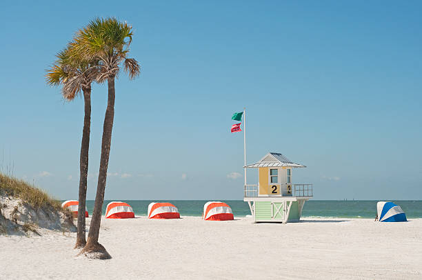 istock Lifeguard hut on beach with palm trees and beach tents 133893979